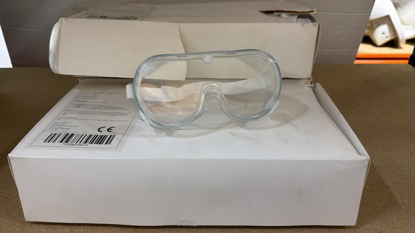 5 BOXES OF 10 BRAND NEW PROTECTIVE SAFETY GOGGLES - CLEAR ANTI-FOG LENS - ADJUSTABLE STRAP