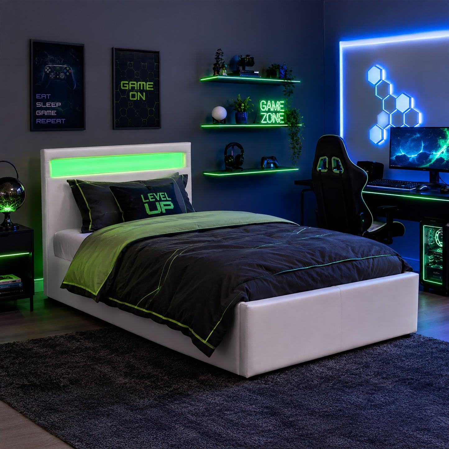 LED GAMING OTTOMAN BED SINGLE WHITE STORAGE BED FRAME WITH RGB LIGHT HEADBOARD
