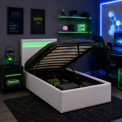 LED GAMING OTTOMAN BED SINGLE WHITE STORAGE BED FRAME WITH RGB LIGHT HEADBOARD