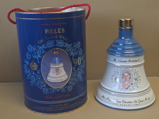 SEALED BELL’S OLD SCOTCH WHISKY ROYAL DECANTER QUEEN MOTHER 90TH BIRTHDAY 1990 WITH TUBE