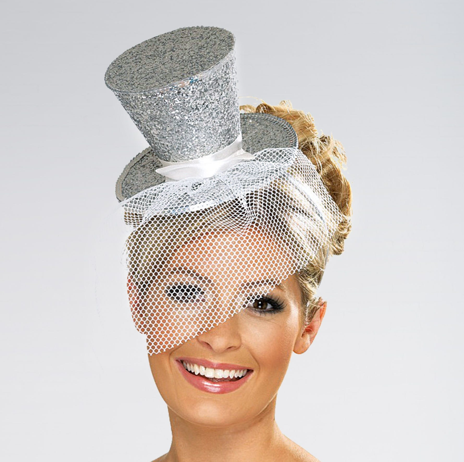 192 X MINI GLITTER TOP HAT HEADBAND SILVER