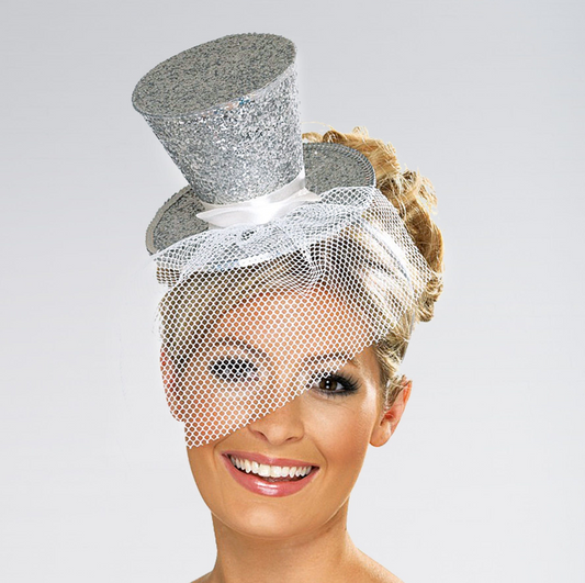 192 X MINI GLITTER TOP HAT HEADBAND SILVER