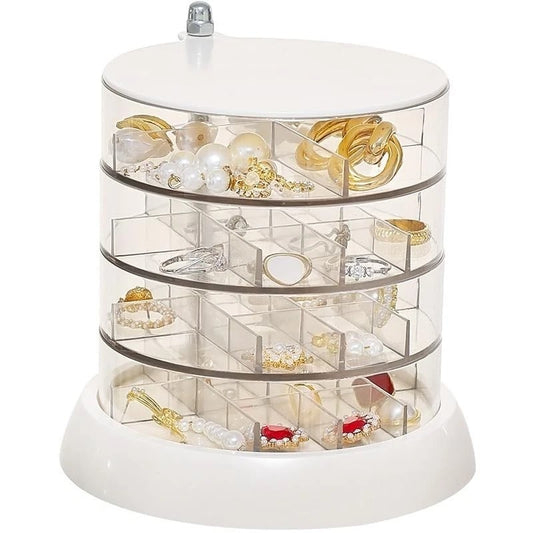 ROTATING JEWELLERY ORGANIZER – 4-TIER CLEAR STORAGE BOX, RINGS, EARRINGS, GIFTS