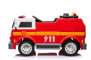 RIDE ON 2 SEATER FIRE TRUCK 911 12V EVA WHEELS TWIN LEATHER SEATS AND PARENTAL REMOTE CONTROL